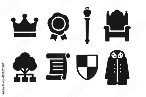 Royal Icons Grid. Solid, filled icon set of royal heir objects: crown, royal seal, scepter, throne, family tree, ancient scroll, heraldic shield, ceremonial