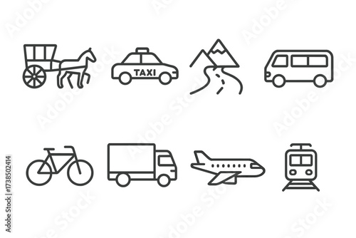 Armenian and Azerbaijani Icons. Outline icon set of Armenian transportation: horse carriage, taxi, mountain road, minibus, bicycle, truck, airplane, train.
