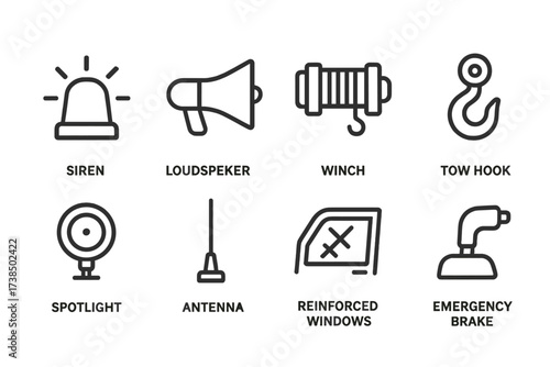 Vehicle Equipment Icons. Outline icon set of vehicle equipment and accessories: siren light, loudspeaker, winch, tow hook, spotlight, antenna, reinforced