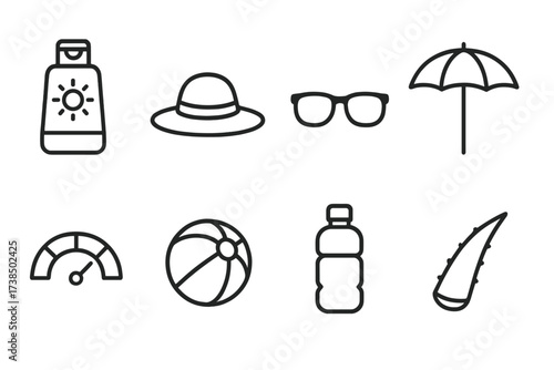Sun Protection Icons. Outline icon set of sun protection and skin care: sunscreen lotion, hat, sunglasses, umbrella, UV index, beach ball, water bottle, aloe