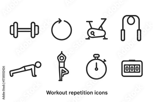 Workout Icon Set. Outline icon set of workout repetition: dumbbell, timer, exercise cycle, jumping rope, push-up, yoga pose, stopwatch, reps counter. Line