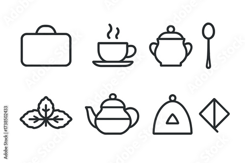 Mint Tea Icon Set. Outline icon set of mint tea serving: tea tray, teacup with steam, sugar pot, teaspoon, mint garnish, glass teapot, tea cozy, serving