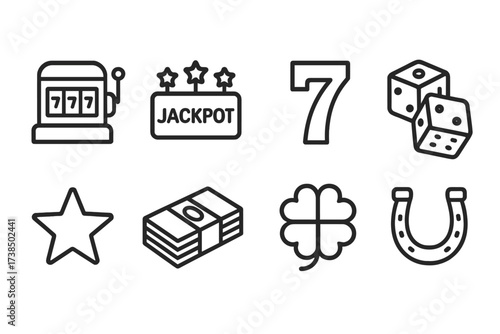 Fortune Game Icons. Outline icon set of fortune game elements: slot machine, jackpot, lucky seven, dice, star, money stack, four-leaf clover, horseshoe. Line