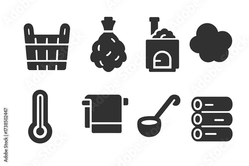 Bathhouse Tools Icons. Solid, filled icon set of traditional bathhouse tools: wooden bucket, birch whisk, sauna stove, steam cloud, thermometer, towel, water