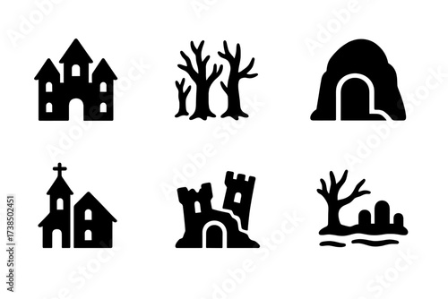 Cursed Places Icon Set. Solid, filled icon set of cursed places: haunted house, dark forest, cursed tomb, abandoned church, ruined castle, shadowy cave, old