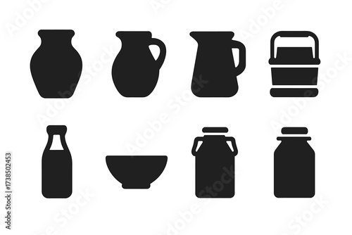 Milk Container Icons. Solid, filled icon set of milk containers and storage: earthen pot, milk jar, metal pitcher, wooden bucket, glass bottle, ceramic bowl,