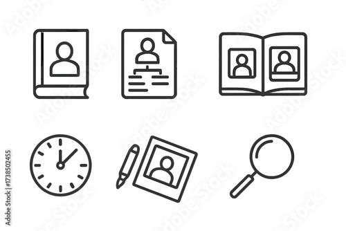Family History Icons. Outline icon set of family history: book, document, family tree, photo album, clock, pen, old photo, magnifying glass. Line icons in only