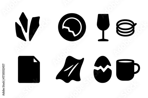 Fragile Icon Set. Solid, filled icon set of fragile materials: glass shards, porcelain plate, crystal glass, thin wire, paper sheet, silk cloth, eggshell,