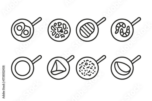 Pan Meal Icons. Outline icon set of pan meal types: breakfast eggs, stir-fried vegetables, grilled steak, sauteed shrimp, pancake, crepe, fried rice, omelette.