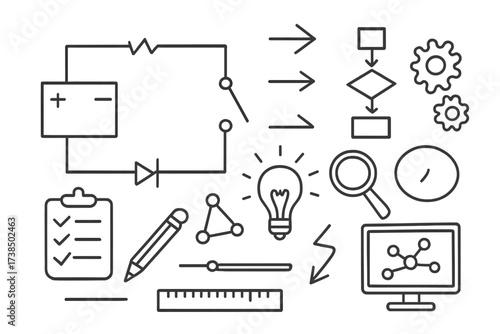 Cartoon Electrical Doodle. Hand-drawn doodle illustration electrical scheme circuit diagram, wires, battery, resistor, switch, light bulb, flowchart, arrows,
