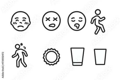 Intoxication Signs Icons. Outline icon set of intoxication signs: flushed cheeks, crossed eyes, slurred speech, drooling mouth, stumbling figure, swaying