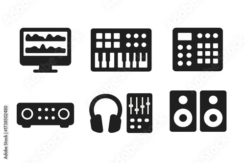 Music Production Icons. Solid, filled icon set of beat production tools: DAW software, MIDI controller, sampler, sequencer, audio interface, mixing console,