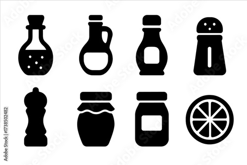 Salad Dressing Icons. Solid, filled icon set of salad dressings: vinaigrette bottle, olive oil, balsamic vinegar, salt shaker, pepper grinder, honey jar,