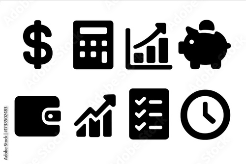 Financial Icon Grid. Solid, filled icon set of financial analytics: dollar sign, calculator, chart, piggy bank, wallet, growth, checklist, clock. [Line icons