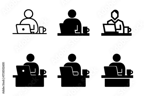 Entrepreneur Logo Variations. Entrepreneur at work. Set Logo of entrepreneur at work: person at a desk with laptop and coffee. harmonious logo variations of
