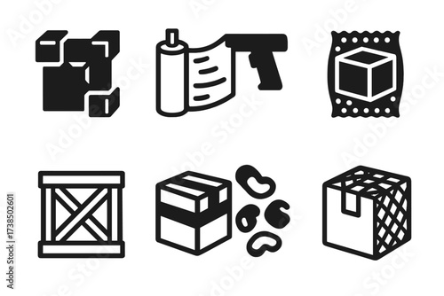 Shipping Protection Icons. Solid, filled icon set of shipping protection methods: corner protectors, stretch wrap, shrink wrap, anti-static wrap, wooden crate,
