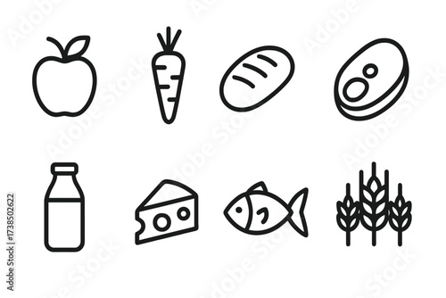 Grocery Icon Set. Outline icon set of grocery nutrition: apple, carrot, bread, meat steak, milk bottle, cheese wedge, fish, grain bundle. Line icons in only