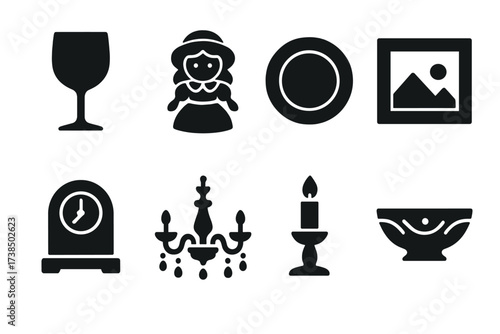 Fragile Icon Set. Solid, filled icon set of fragile household items: wine glass, porcelain doll, ceramic plate, picture frame, antique clock, crystal