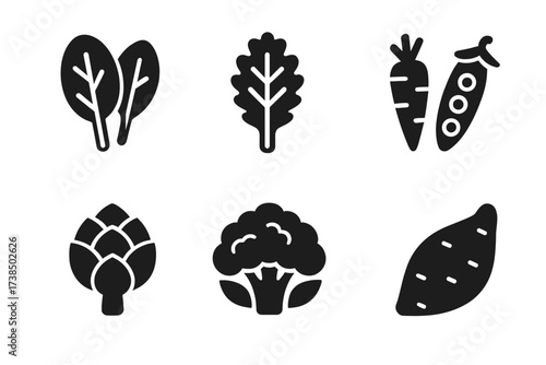 Fiber-Rich Vegetables Icons. Solid, filled icon set of fiber-rich vegetables: spinach, kale, carrots, peas, artichoke, Brussels sprouts, cauliflower, sweet