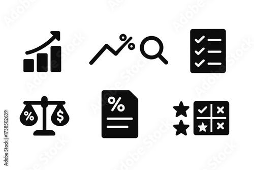 Interest Rate Icons. Solid, filled icon set of interest rate comparison: bar chart, line graph, magnifying glass, checklist, balance scale, report, rating