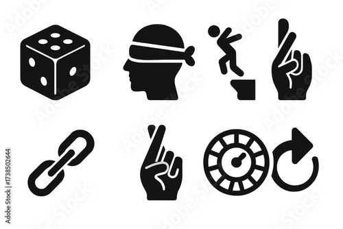 Reckless Icon Set. Solid, filled icon set of reckless decision making: dice roll, blindfold, jumping off cliff, impulsive gesture, broken chain, crossed