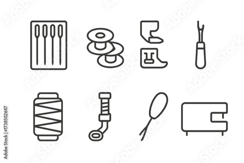 Sewing Accessories Icons. Outline icon set of sewing machine accessories: extra needles, bobbins, presser feet set, seam ripper, thread spool, quilting foot,