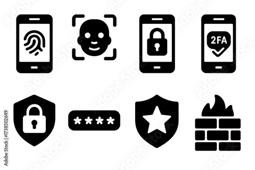 Mobile Security Icons. Solid, filled icon set of mobile banking security: fingerprint, face recognition, lock, two-factor authentication, encryption shield,