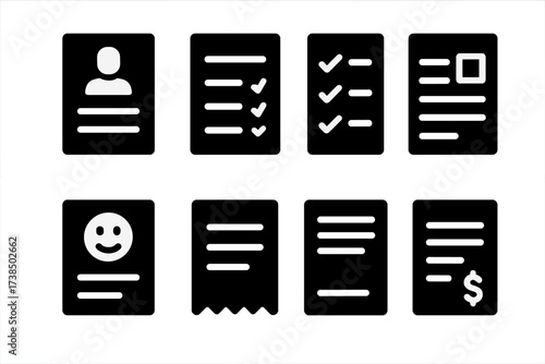 Paper Forms Icon Set. Solid, filled icon set of paper forms: application form, registration paper, survey sheet, feedback form, ballot paper, questionnaire,
