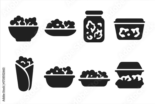 Salad Container Icons. Solid, filled icon set of salad containers: bowl, plate, jar, box, wrap, bowl with lid, serving platter, takeaway container. Line icons