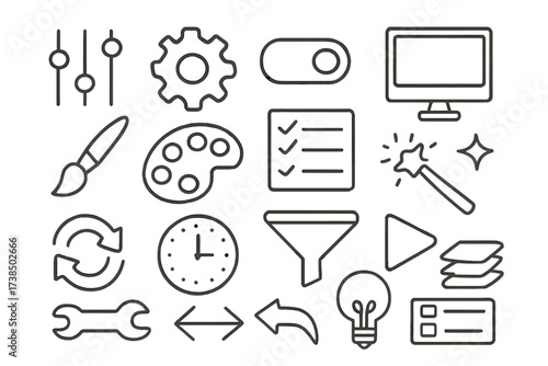 Creative Tools Icons. Hand-drawn doodle illustration preset sliders, gear, toggle switch, computer screen, paintbrush, color palette, checklist, magic wand,