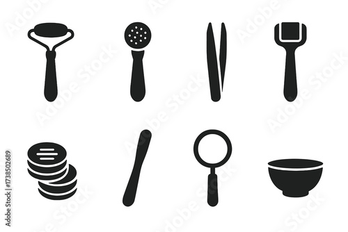 Skincare Tools Icons. Solid, filled icon set of skin care tools: facial roller, cleansing brush, tweezers, dermaroller, cotton pads, spatula, magnifying glass,