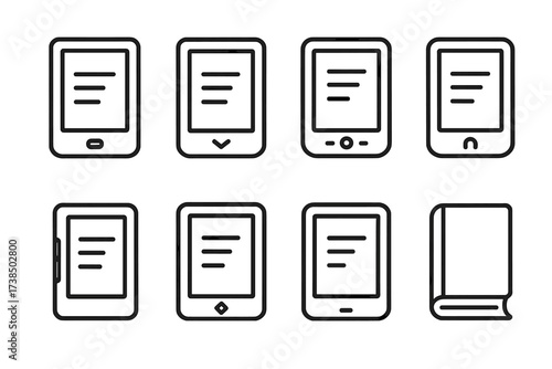 E-reader Logo Icons. Outline icon set of e-reader brand logos: generic e-reader, popular brand , popular brand , popular brand , popular brand , popular brand