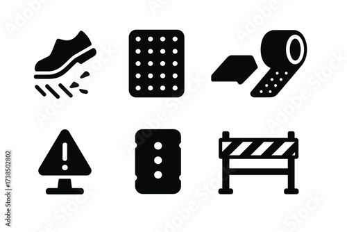 Ballroom Safety Icons. Solid, filled icon set of ballroom floor safety features: non-slip surface, floor mat, edge ramp, floor grip tape, safety signage,