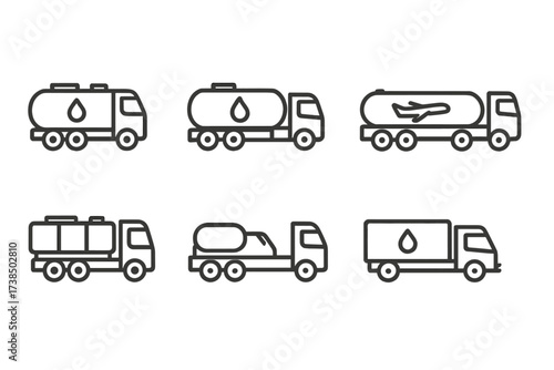 Fuel Truck Icons. Outline icon set of fuel truck types: diesel tanker, gasoline tanker, aviation fuel truck, LPG tanker, bulk fuel truck, mobile refueler,