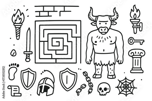 Labyrinth Icon Collection. Hand-drawn doodle illustration labyrinth and minotaur maze, minotaur, torch, stone walls, sword, shield, footprints, key, chains,