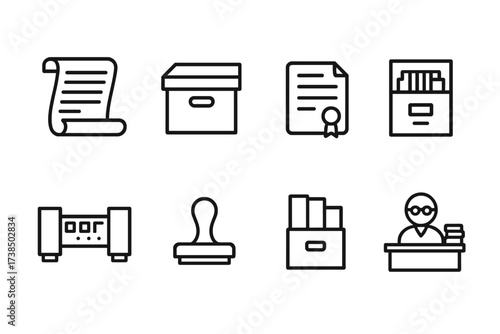 Archival Document Icons. Outline icon set of archival documents: old paper scroll, archive box, historical document, file drawer, microfilm, stamp, catalog,