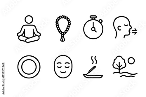 Meditation Icon Set. Outline icon set of meditation repetition: lotus pose, mantra beads, meditation timer, breathing icon, zen circle, calm face, incense