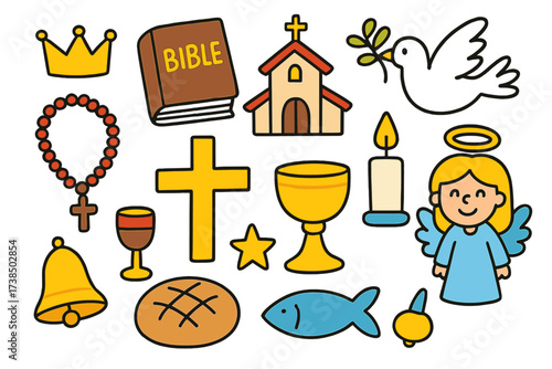 Christianity Symbols Illustration. Christianity. Colorful Hand-drawn doodle Children illustration cross, Bible, rosary, chalice, bread, wine, church, dove,