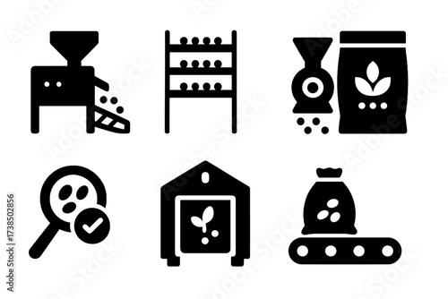 Pulse Processing Icons. Solid, filled icon set of pulse processing: sorting machine, drying rack, grinding mill, packaging bag, quality check,