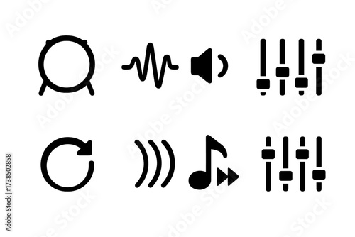 Bass Drum Icon Set. Solid, filled icon set of bass drum sound and effects: sound wave, volume control, equalizer, bass boost, reverb, delay, compressor, audio