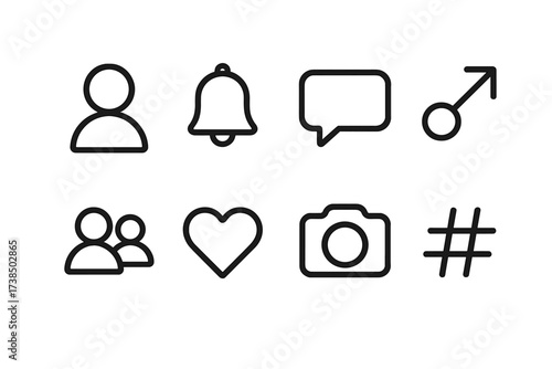 Social Media Icons. Outline icon set of social media: profile, notification bell, comment, share, like, followers, camera, hashtag. [Line icons in only black