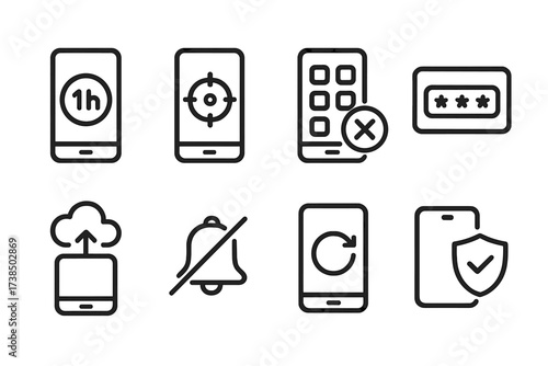 Digital Discipline Icons. Outline icon set of digital discipline: screen time limit, focus mode, app blocker, password, data backup, notifications off,