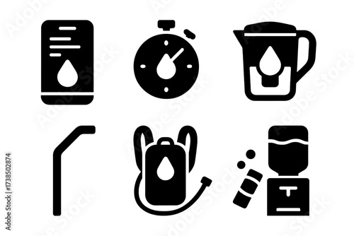 Hydration Tools Icons. Solid, filled icon set of hydration tools: water tracker app, hydration timer, reusable bottle, water purifier, straw, hydration pack,