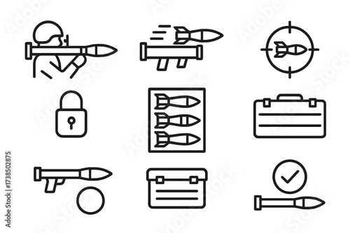 Rocket Launcher Icons. Outline icon set of rocket launcher deployment: aiming, firing, reloading, target acquisition, locking mechanism, loading