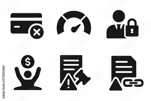 Credit Default Icons. Solid, filled icon set of credit default: credit card declined, low credit score, blocked card, debt collector, bankruptcy, legal papers,