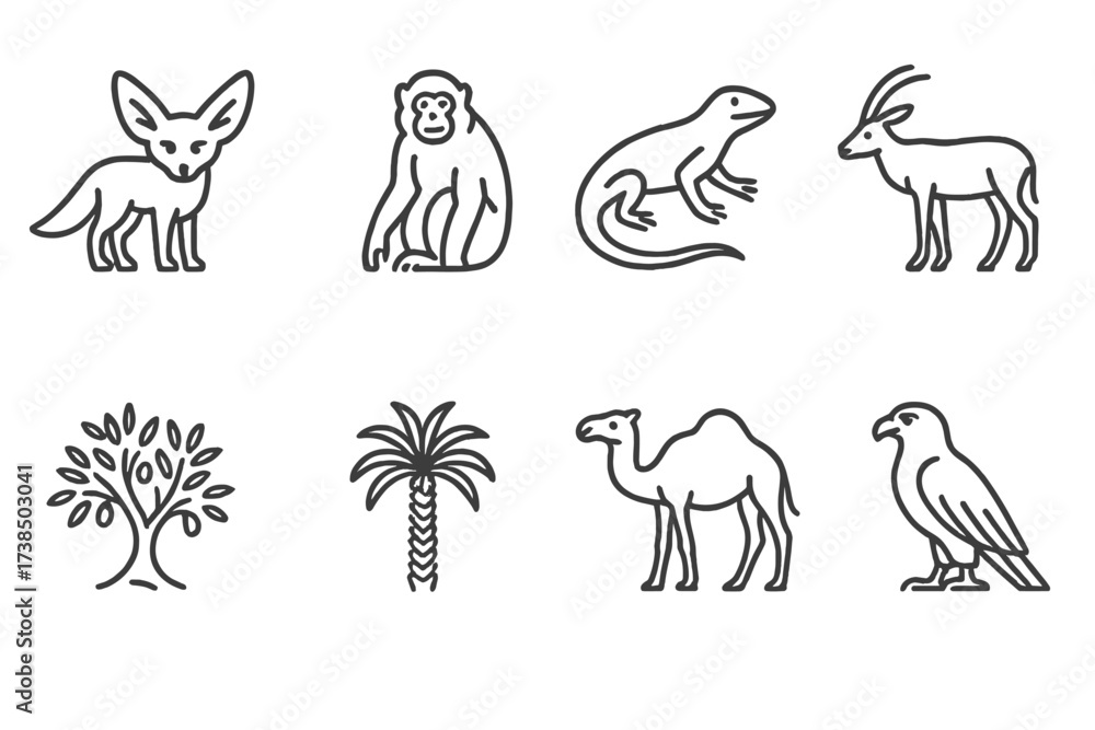 Obraz premium Algerian Wildlife Icons. Outline icon set of Algerian wildlife: Fennec fox, Barbary macaque, Desert lizard, Saharan antelope, Olive tree, Date palm, Sahara