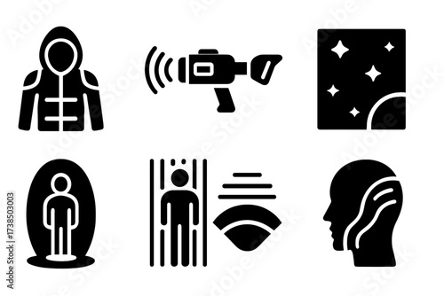 Invisibility Tech Icons. Solid, filled icon set of futuristic invisibility tech: active camo suit, optical disruptor, stealth drone, invisibility panel,