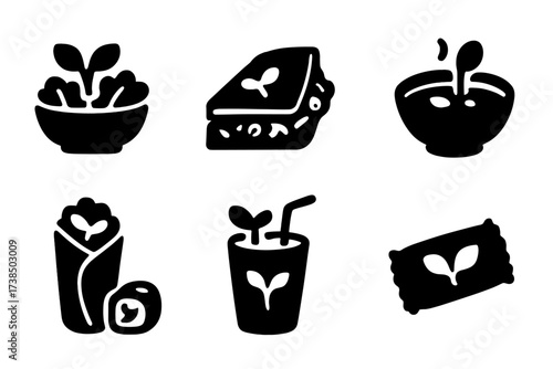 Sprouting Food Icons. Solid, filled icon set of sprouting related foods: salad, sandwich, stir fry, soup, wrap, sushi, juice, snack. [Line icons in only black