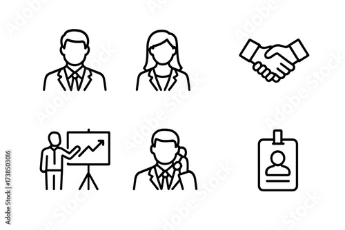 Business Icons Set. Outline icon set of business professionals in financial district: businessman, businesswoman, briefcase, handshake, presentation, phone