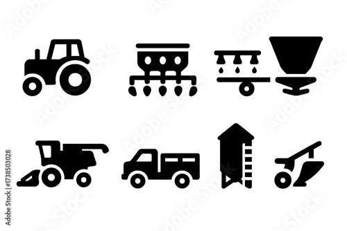 Mung Bean Farm Icons. Solid, filled icon set of mung bean farm machinery: tractor, seed drill, irrigation system, fertilizer spreader, combine harvester, farm